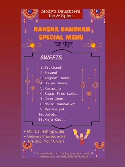 Celebrate festivals like Raksha Bandhan with my homemade Indian sweets. I offer a wide selection including Srikhand, Basundi, Gulab Jamun, and even sugar-free options, all available for party orders.