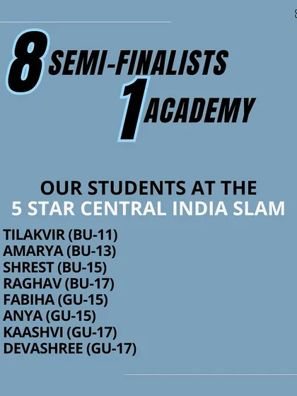 A proud moment with 8 of our students reaching the semi-finals of the 5 Star Central India Slam. This shows the incredible depth of talent we are nurturing at the academy.