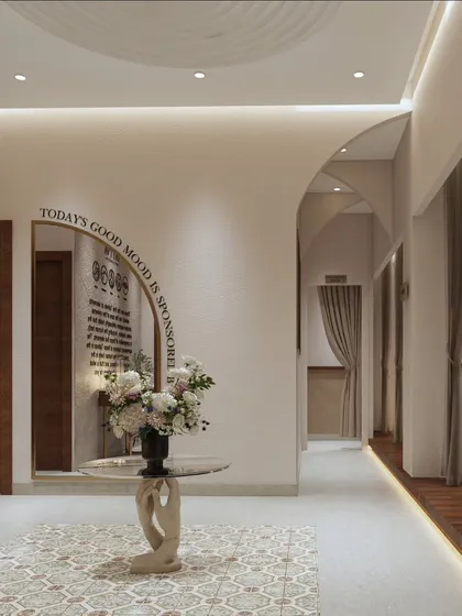 This is a glimpse into a private treatment room at Tattva Wellness. The design is intentionally minimal, with a calming color palette and a simple, elegant mirror feature to create a space focused on peace and rejuvenation.