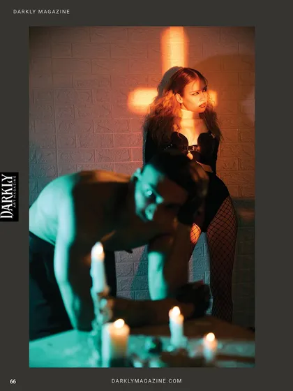 This shot from our Darkly Magazine feature uses a cross projection from an optical snoot to add a symbolic layer to the scene. The interplay of light and shadow between the two models creates a palpable tension.