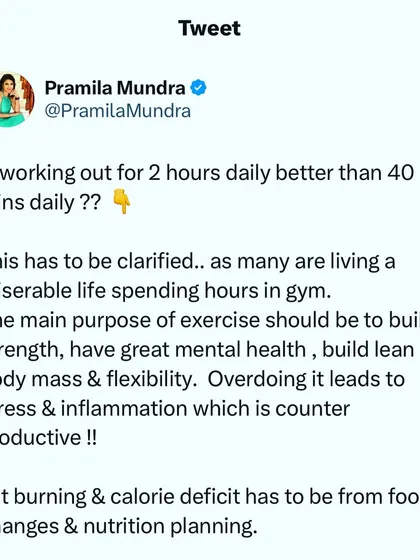 Is working out for 2 hours better than 40 minutes? Not necessarily. The goal of exercise is to build strength and improve mental health. Overdoing it leads to stress and inflammation. Fat loss comes primarily from your nutrition choices.