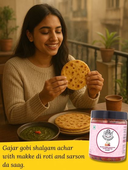 The ultimate winter meal. Our Gajar Gobi Shalgam achaar is the perfect companion for makke di roti and sarson da saag.