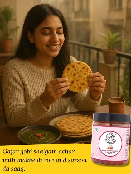 The ultimate winter meal. Our Gajar Gobi Shalgam achaar is the perfect companion for makke di roti and sarson da saag.