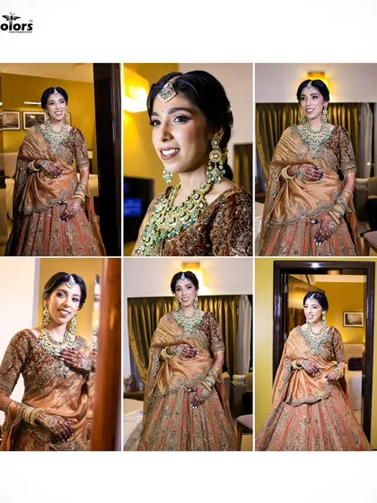 A collage of a bride getting ready, showing different angles of her beautiful lehenga, jewelry, and happy expressions.