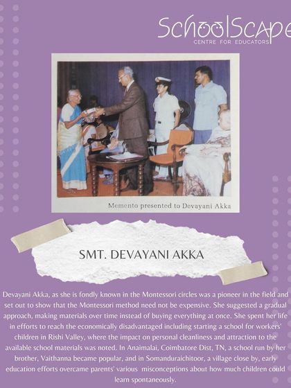 We remember Smt. Devayani Akka, a pioneer who spent her life making the Montessori method accessible to the economically disadvantaged, proving it need not be expensive.
