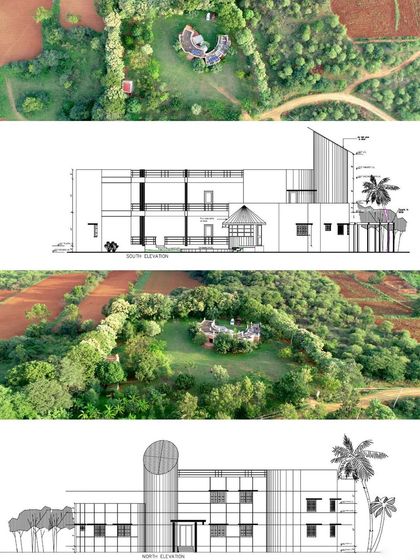 Here, I've combined the aerial photos with the north and south elevation drawings. This shows how the building's exterior design looks from different sides, connecting the technical plans to the real-world result.