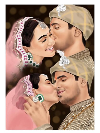 A digital painting celebrating the Bollywood couple Kiara Advani and Sidharth Malhotra. This kind of art is a fun way to capture moments from pop culture, and it makes a great gift for fans.