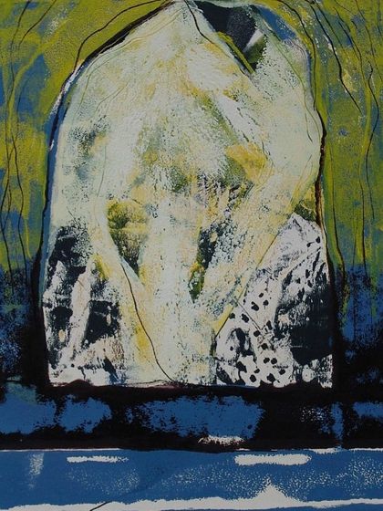 Atanu Bhattacharya is an artist who uses layering to bring out hidden forms in his abstract works. This piece has a wonderful depth, where shapes and colors seem to emerge from beneath the surface.