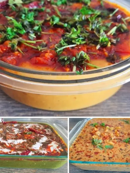 A collage showing a catered Rajasthani meal. It includes a rich dal fry, palak with vegan cream, and traditional gatte ki sabzi, all fully dairy-free and packed with flavour.