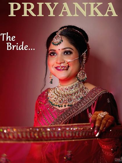 A classic bridal portrait against a red background, titled 'Priyanka The Bride', showcasing our personalized album design style.