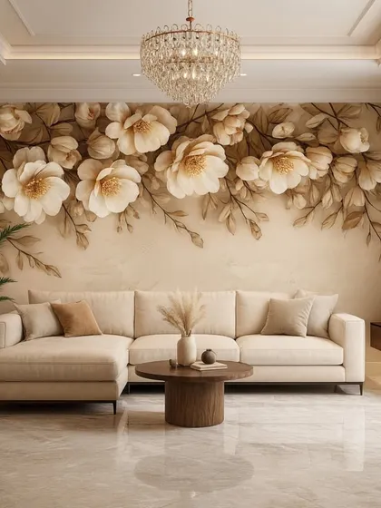 A classic floral design with large, embossed cream-colored flowers. The neutral tones and detailed texture make it a versatile and elegant choice for any room.