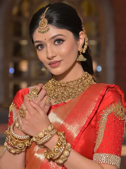 A close-up of a classic South Indian bridal look. I'll teach you how to master the art of temple jewellery placement, create a radiant and long-lasting base for different skin tones, and perfect the bold lip that defines this style.