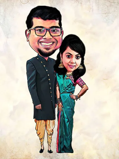A full-length digital caricature of a couple in traditional Indian wedding outfits. I focus on details like the groom's sherwani and the bride's elegant saree to make it special.