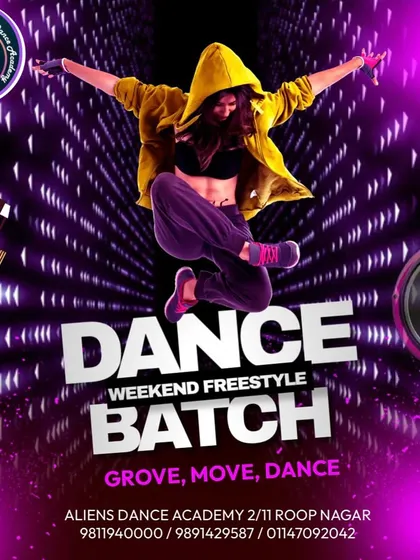 This graphic captures the urban, high-energy vibe of our weekend freestyle dance batch. It's your chance to let loose and dance without limits.