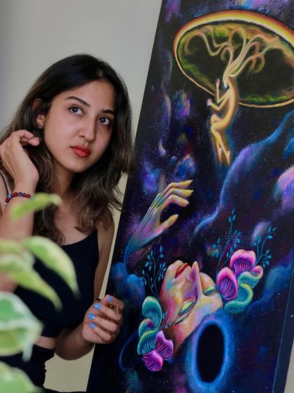 This painting was born from asking the question, 'Who am I?' It's my artistic exploration of consciousness and our place in the cosmos.