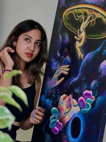 This painting was born from asking the question, 'Who am I?' It's my artistic exploration of consciousness and our place in the cosmos.