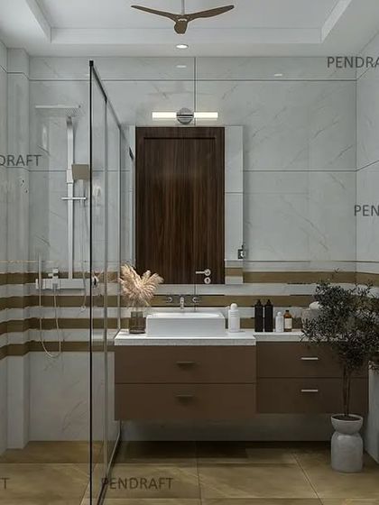 This bathroom concept features a clean, modern aesthetic with a striking horizontal striped pattern in gold and white tiles, adding a touch of glamour.