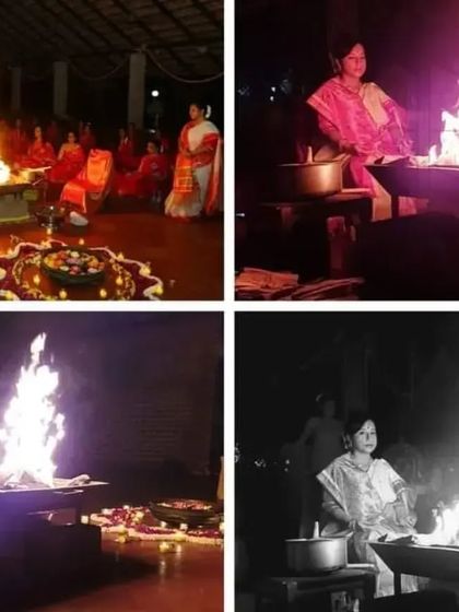 A collage of Maa Aditiji at the fire meditation, showing her deep involvement in the ritual. The images convey a sense of power, grace, and devotion.