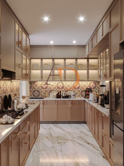 A full view of the parallel kitchen, showcasing the ample counter space, marble flooring, and smart refrigerator, creating a highly functional layout.