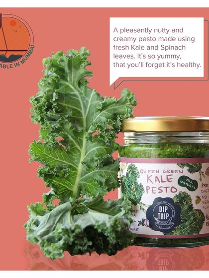 An advertisement graphic for my Queen Green Kale Pesto, highlighting its nutty, creamy flavor and all-natural, vegan, and gluten-free qualities. Now available in Mumbai.