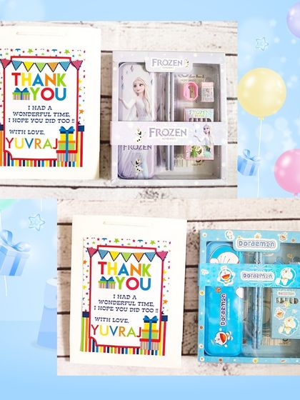 The Frozen and Doraemon stationery sets, each paired with a personalized thank you bag.