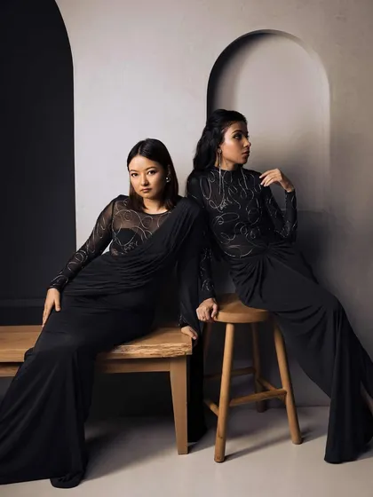 A group shot for the Roologyofficial campaign. I created cohesive makeup and hair looks for both models, featuring clean skin, neutral tones, and sleek hairstyles to match the elegant black gowns.