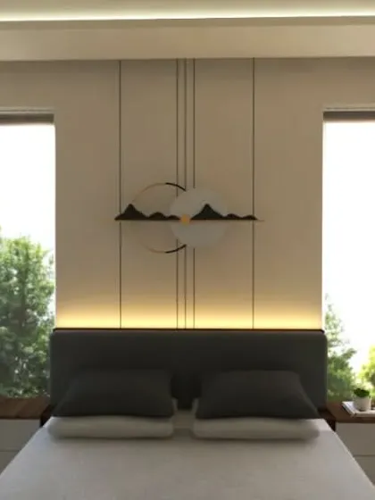 A bedroom concept designed to maximize a corner window, with a minimalist aesthetic and natural light.