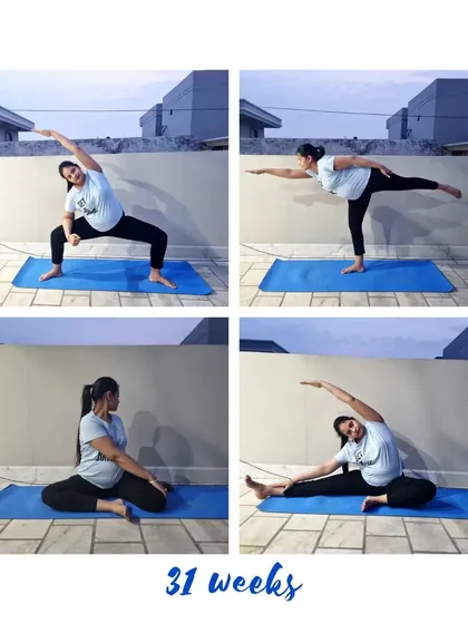 This mama at 31 weeks is flowing through a beautiful sequence of standing and seated poses, adapting each movement to her body.