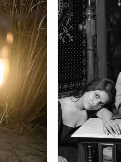 A collage showing two different moods from the same shoot. One side is a warm, softly lit outdoor shot, while the other is a dramatic, moody black and white indoor portrait.
