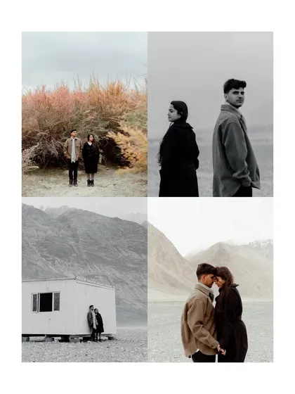 A collection of portraits from a Ladakh pre-wedding shoot. The mix of color and black and white, along with varied compositions, highlights the artistic and moody potential of this stunning location.