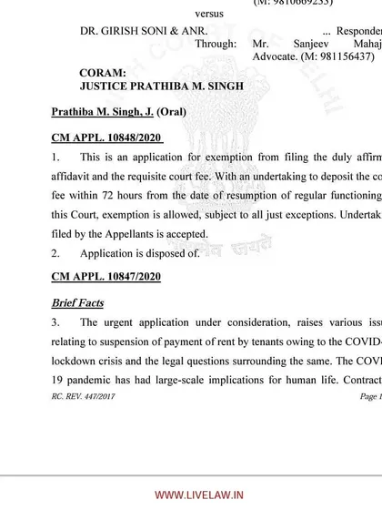 This is the first page of the Delhi High Court's significant ruling on rent suspension during the COVID-19 lockdown. The case raised important questions about contractual obligations and the doctrine of force majeure in unprecedented circumstances.