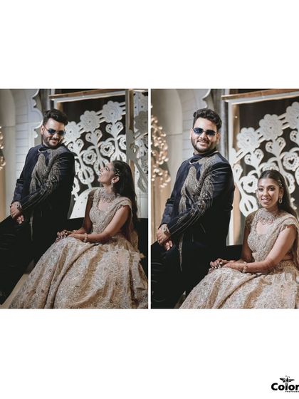 A clean, side-by-side diptych showing two different poses from the same setup.