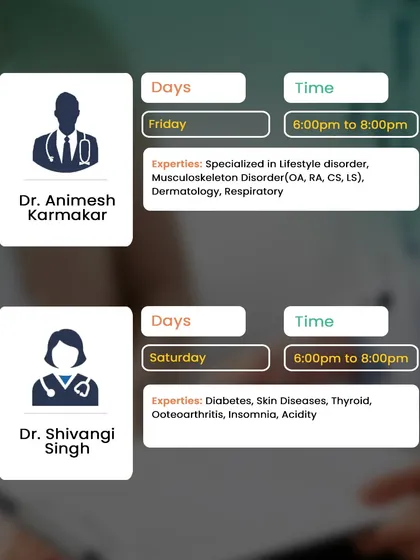 Meet Dr. Animesh Karmakar and Dr. Shivangi Singh at our Andheri branch. They specialize in lifestyle disorders, musculoskeletal issues, diabetes, and skin diseases.