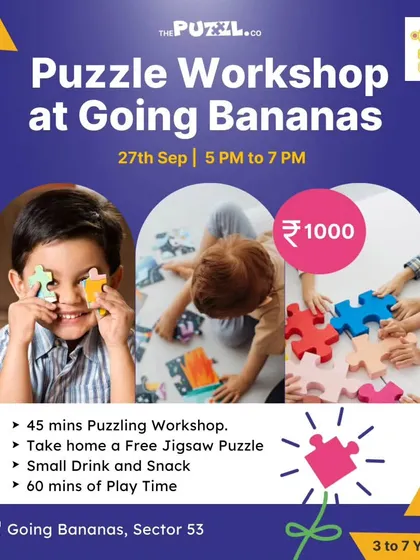 This is an example of one of our popular puzzle workshops. For a single price, your child gets a 45 minute guided puzzle session, a free jigsaw puzzle to take home, snacks, and an hour of free play in our main play area.