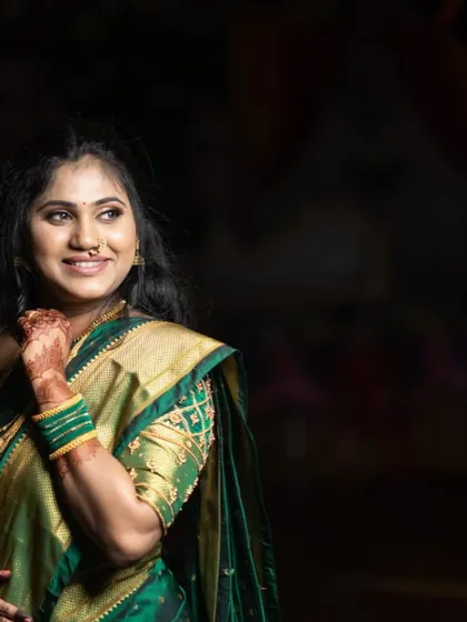 Gauri in a stunning green saree. This look showcases how I can adapt the makeup to suit different outfits while maintaining a consistent, flawless base.