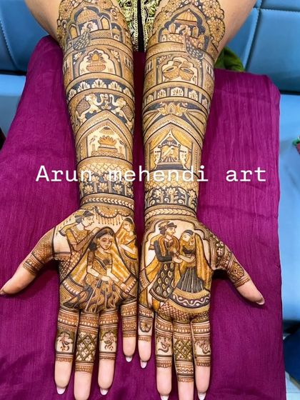 This design tells multiple stories, with a sindoor ceremony on one hand and a varmala ceremony on the other.