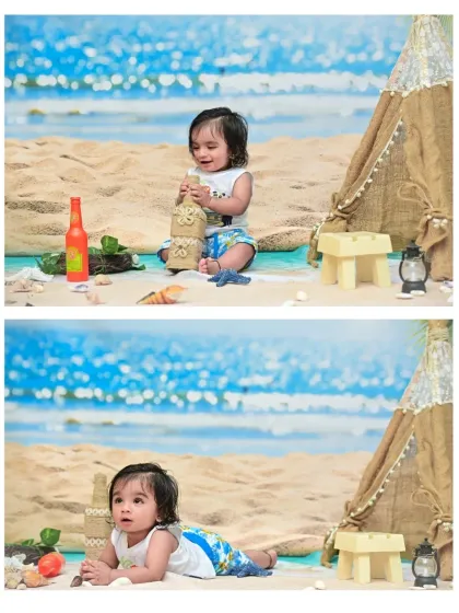 A two-photo collage showing the baby boy playing in the sand. He is captured both building a sandcastle and lying on his tummy, showcasing different activities from his beach day.