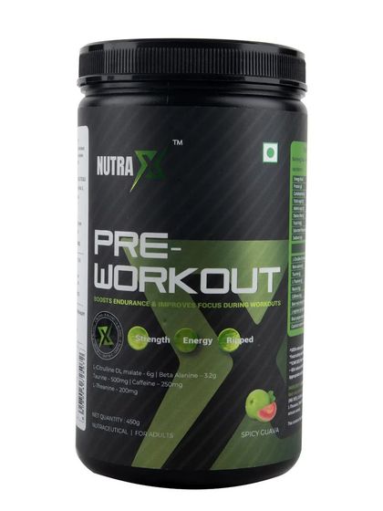 A front-facing shot of a pre-workout supplement in Spicy Guava flavor.