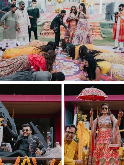 Collages capturing the fun and games of a Haldi ceremony, from the couple's grand entry to the flower shower and dance party.