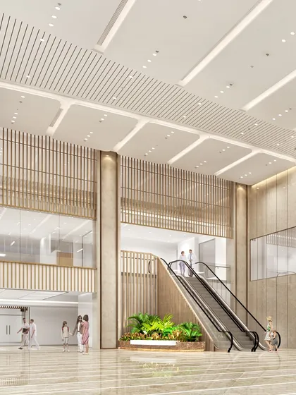 An escalator is integrated into the grand lobby at Yashoda Medicity, surrounded by wood-paneled walls and planters. This rendering shows how we combine functionality with biophilic and aesthetic elements in large-scale projects.