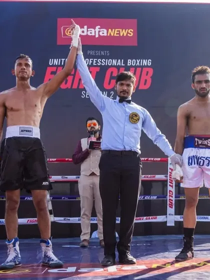 A decisive win at the Fight Club event in Gurgaon. My boxers are trained to perform under the bright lights.