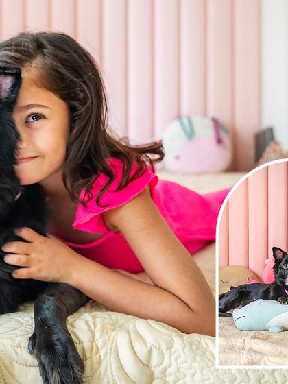 A collage capturing the close bond between a girl and her dog, Pakodi. One shot shows her hiding playfully behind her furry friend, highlighting their comfortable and trusting relationship.