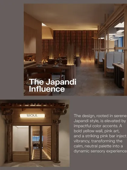 The Japandi influence is evident in the serene, minimalist foundation of Seoul's design. We elevated this with impactful color accents like the bold yellow wall and pink art, transforming a neutral palette into a dynamic sensory experience.