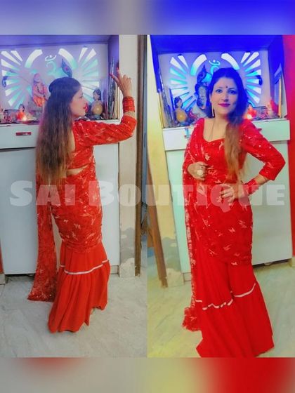 A client looking beautiful in a red ruffle saree, a trendy and fun option for the festive season.