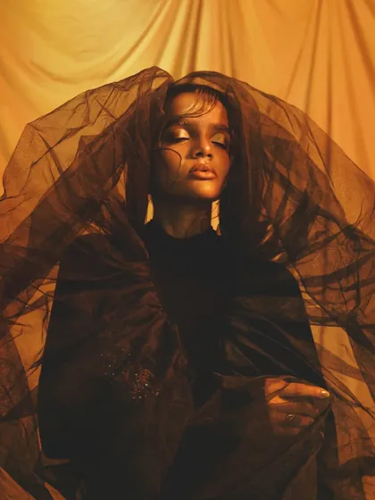 A mysterious and ethereal shot, with a sheer veil adding a layer of drama to the golden makeup look.