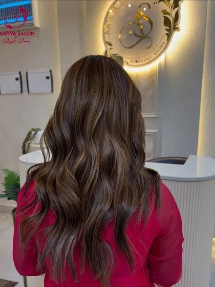 The back view of these gorgeous honey blonde highlights. The colour is expertly placed to create a natural, multi-tonal effect on her long hair.