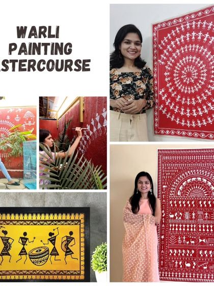 A collage showcasing the range of the Warli Painting Mastercourse, including large canvas works, wall murals, and framed art.