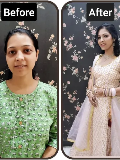A before and after of a party makeover done at the academy. This shows the transformation from a simple day look to evening glam.