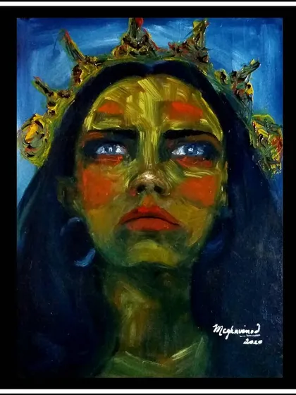 This abstract oil portrait was created using palette knives to build thick, expressive strokes. I wanted to capture a raw, regal emotion through texture and a non-traditional color palette, showing how different mediums can completely change the mood of a piece.