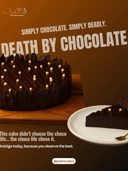 For the ultimate chocolate connoisseur, we present our Death by Chocolate cake. This is a pure, unadulterated indulgence, featuring layers of rich, dark chocolate ganache and a moist crumb that promises a truly decadent experience.